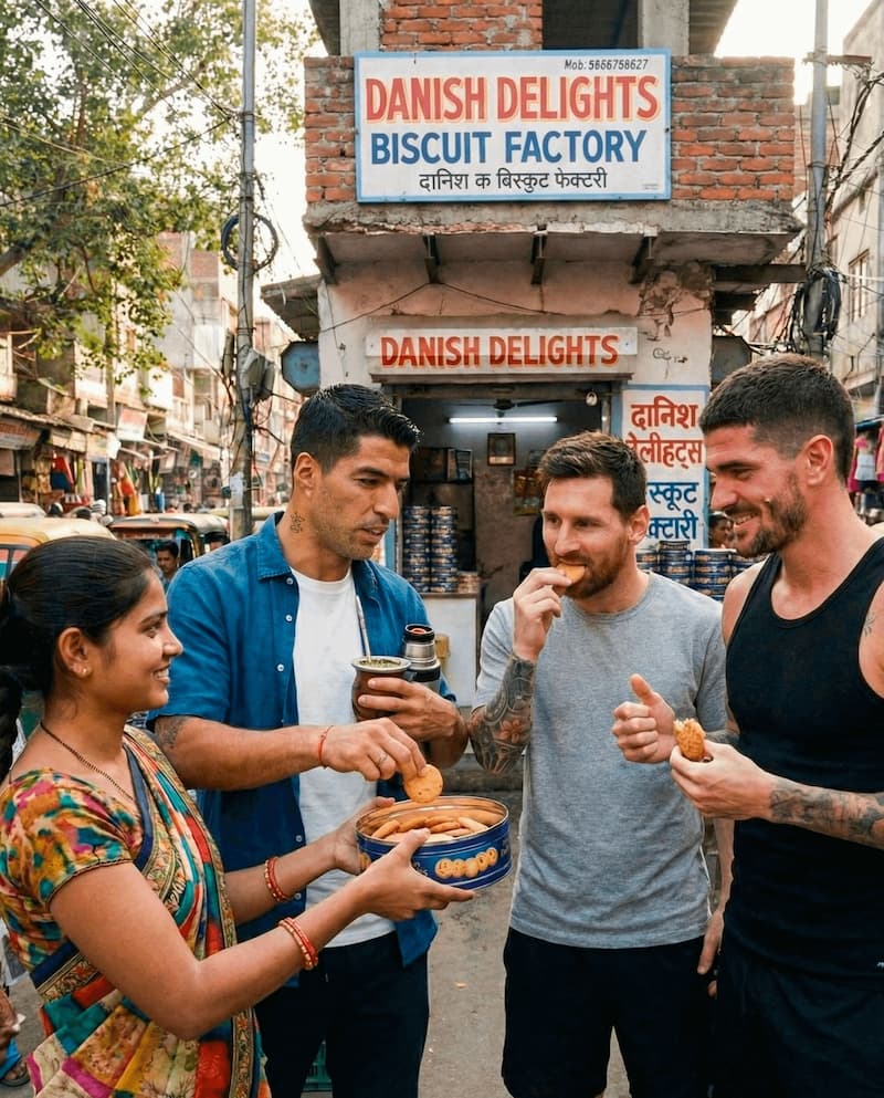 Messi and Suarez Eat Biscuits in India — Ai Generated Shitpost meme