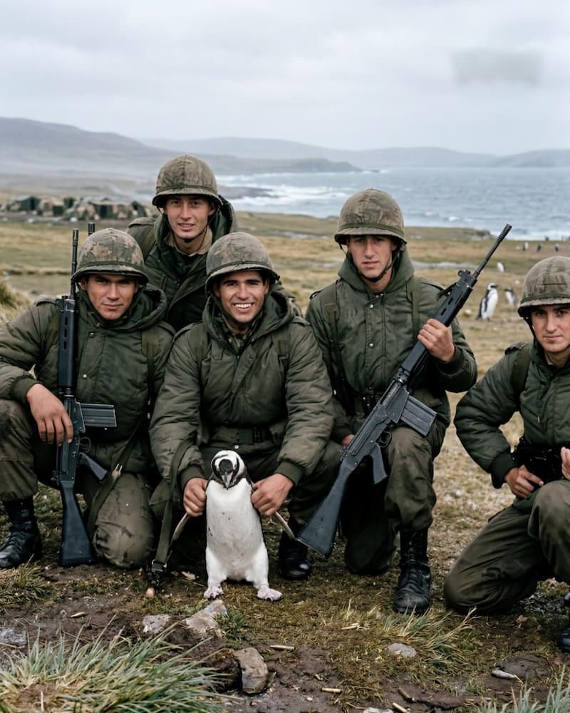 Soldados Argentinos Con Pingüino Malvinas — meme de Argentina