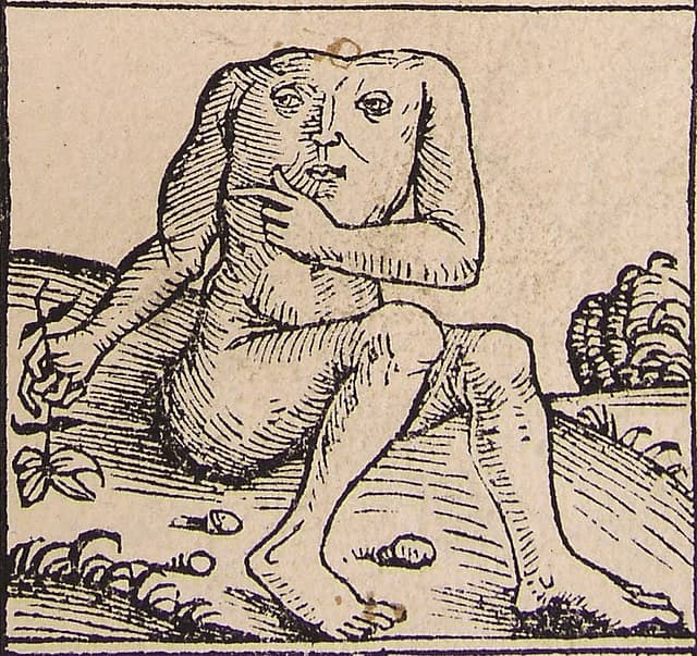 Ilustración medieval de Blemias: hombre sin cabeza con cara en el pecho — meme de Medieval Art