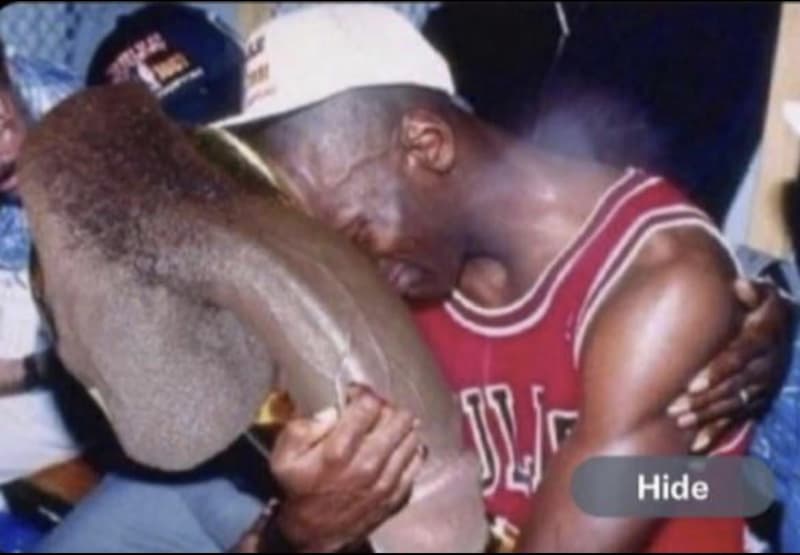 Michael Jordan llora abrazando el trofeo del campeonato — meme de Michael Jordan Crying