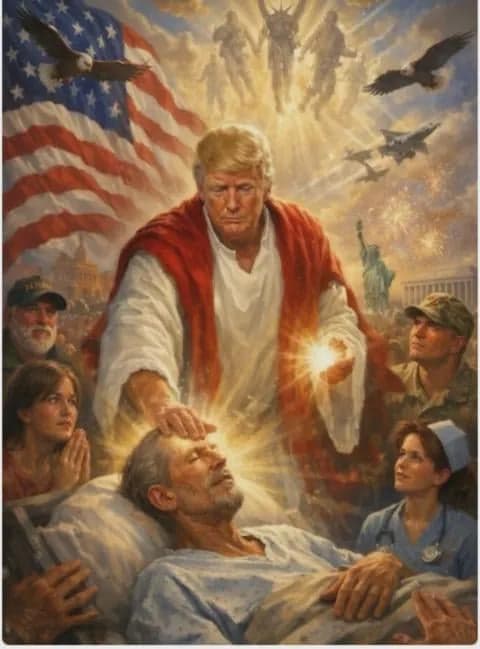 Trump Representado como Jesús Sanando a los Enfermos — meme de Trump Worship Parody